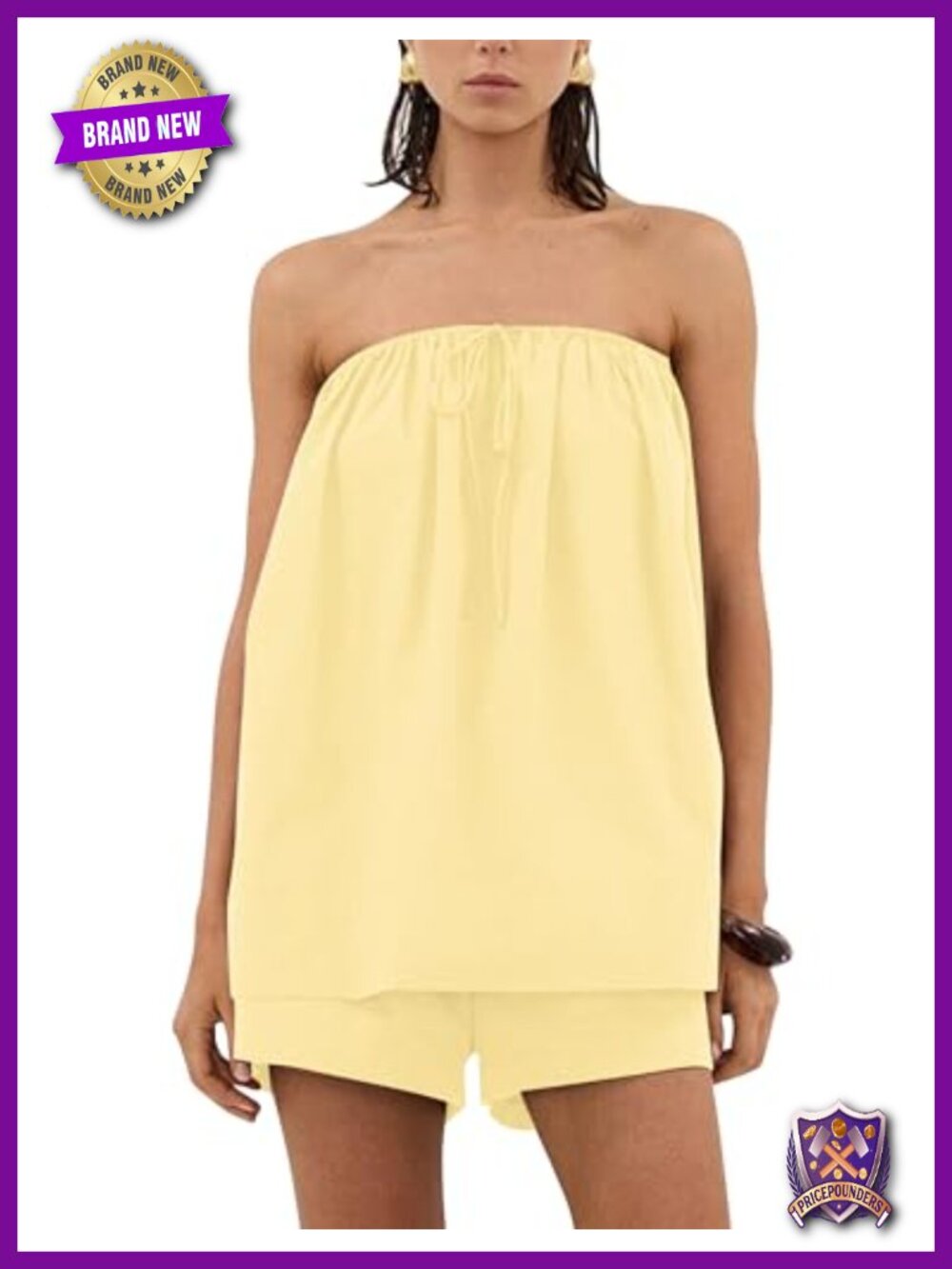 Women 2 Piece Shorts Set Strapless Tube Top High Rise Drawstring Lounge